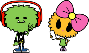 Green cartoon monster wearing red headphones and drumsticks and a cartoon girl with a bow on her head
