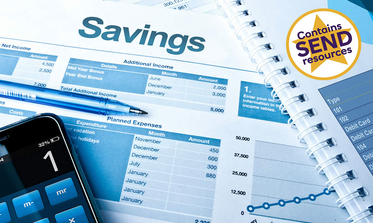 A savings plan, calculator and pen