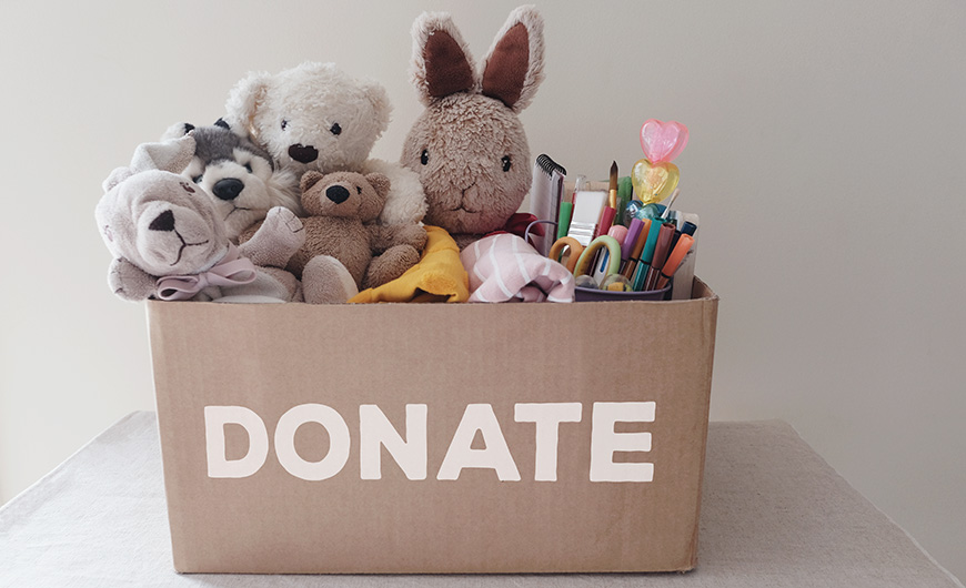 Donation box containing teddies and stationery