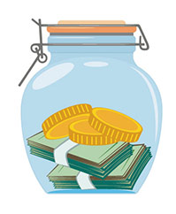 Illustration of a savings jar with coins inside