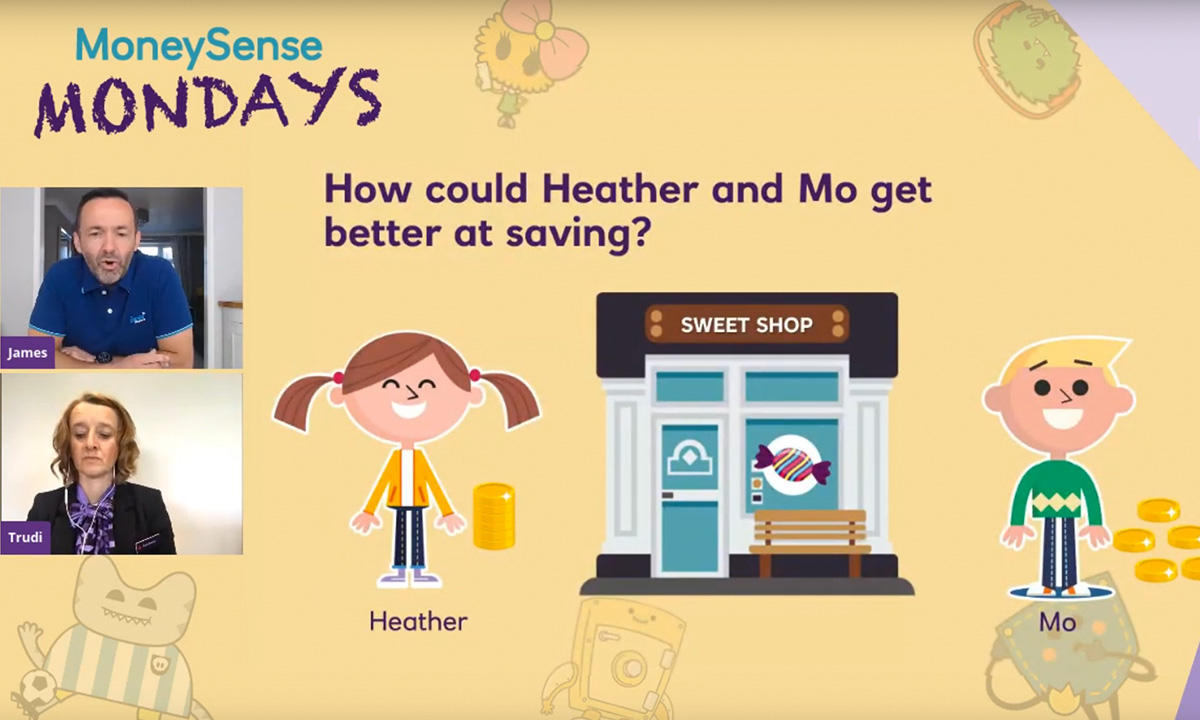 MoneySense Mondays for NatWest - illustration of children Heather and Mo and how can they can save money when at the sweet shop
