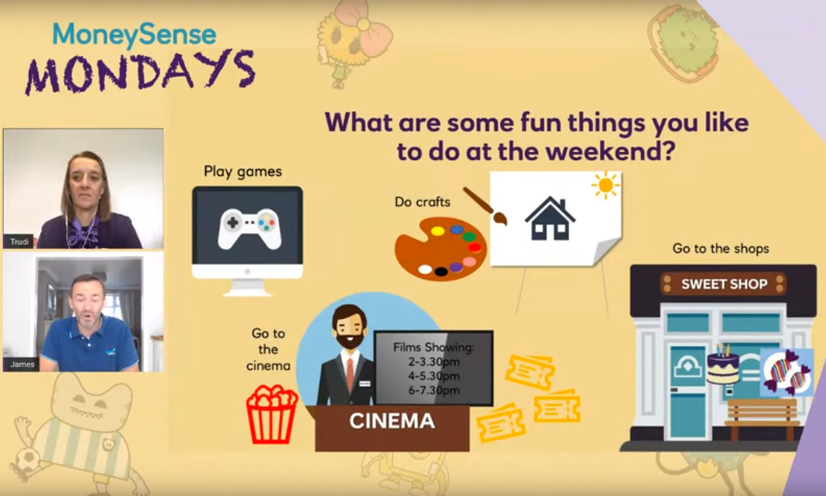 MoneySense Mondays for NatWest - illustration of fun things to do at the weekend e.g. play games, go to the cinema
