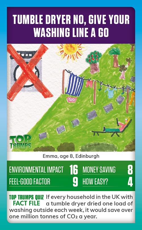 Winning MoneySense COP26 Top Trumps card design - A drawing of a garden with a clothes drying on the line and a tumble dryer with a cross through it, with the message give your washing line a go