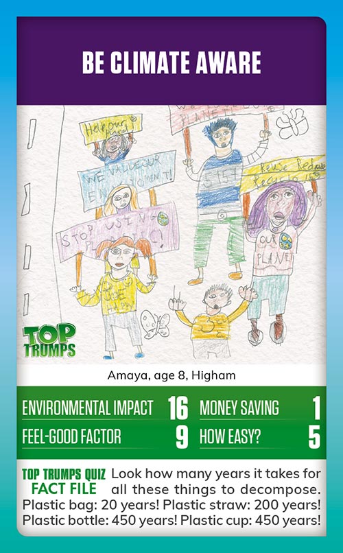 Winning MoneySense COP26 Top Trumps card design - A drawing of people holding placards and peacefully protesting about climate change, with the message be climate aware