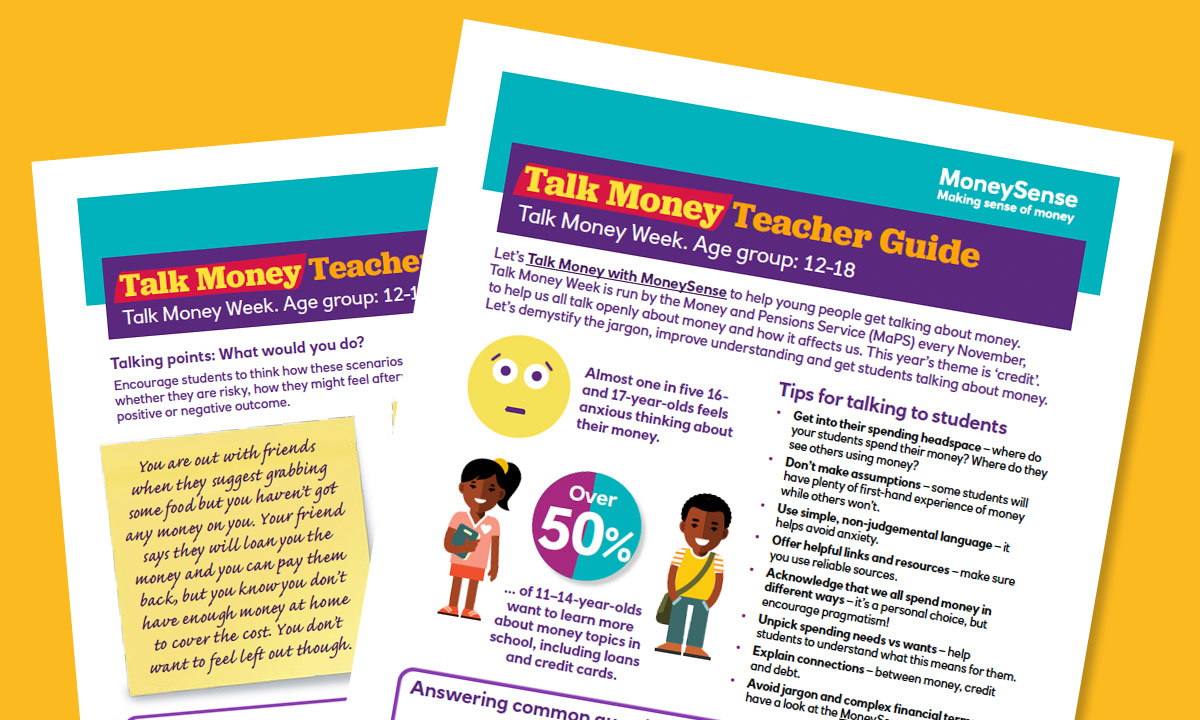 Thumbnail for MoneySense teacher guide sheets for Talk Money Week which includes character illustrations