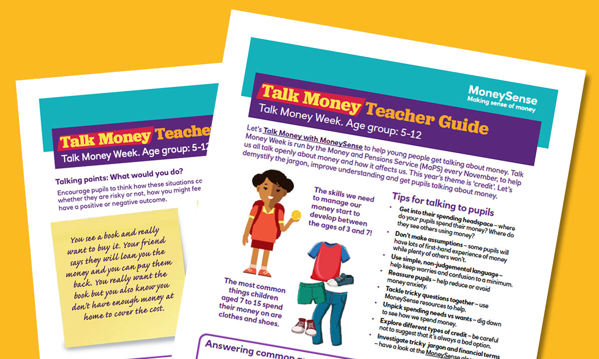 Thumbnail for MoneySense teacher guide sheets for Talk Money Week which includes character illustrations